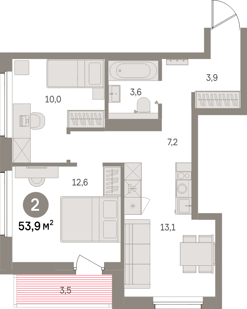 3-комнатная (Евро) квартира, 53.9 м² в ЖК "Северный ветер" - планировка, фото №1