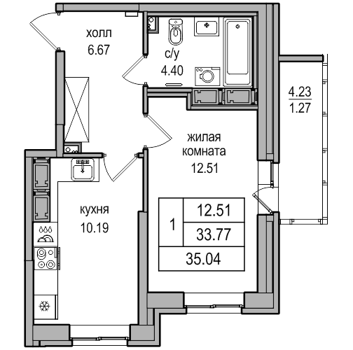 1-комнатная квартира, 34.8 м² в ЖК "Северная Долина" - планировка, фото №1