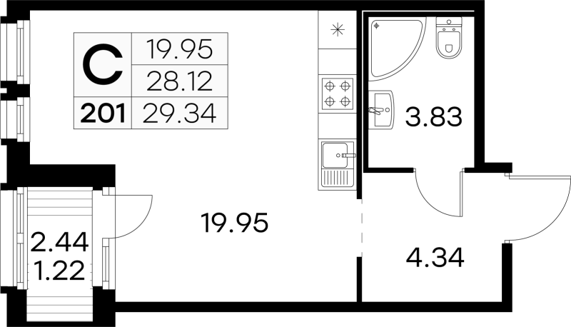 Квартира-студия, 29.34 м² - планировка, фото №1