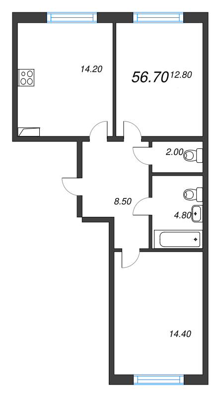 2-комнатная квартира, 56.7 м² - планировка, фото №1