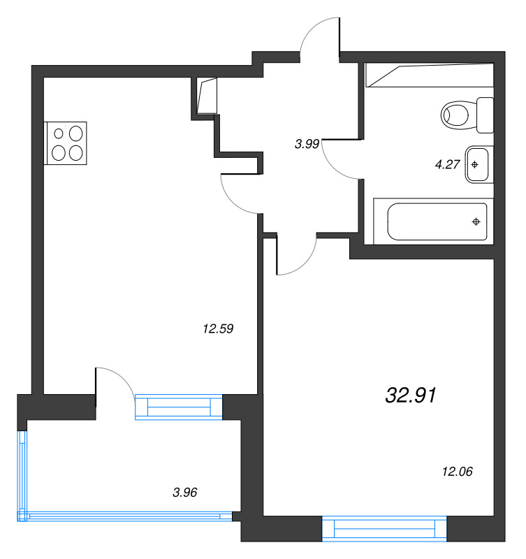 1-комнатная квартира, 32.91 м² в ЖК "ЮгТаун" - планировка, фото №1
