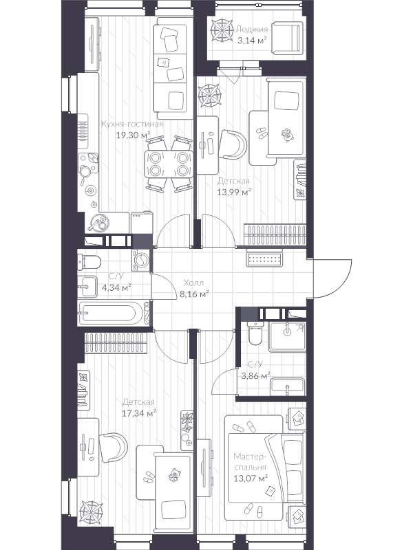 4-комнатная (Евро) квартира, 82.7 м² в ЖК "VEREN NEXT шуваловский" - планировка, фото №1