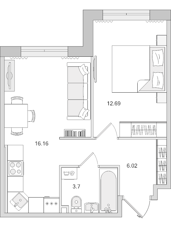 2-комнатная (Евро) квартира, 38.57 м² в ЖК "Dreamline" - планировка, фото №1