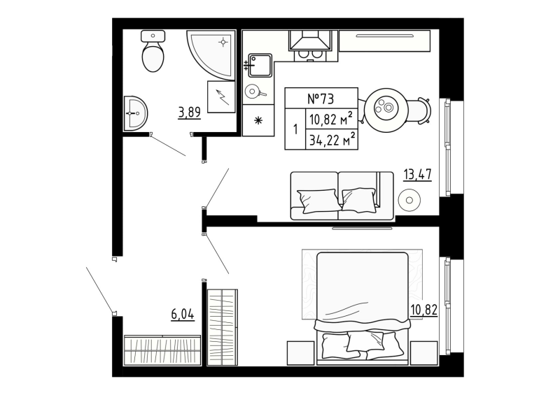 1-комнатная квартира, 34.22 м² - планировка, фото №1