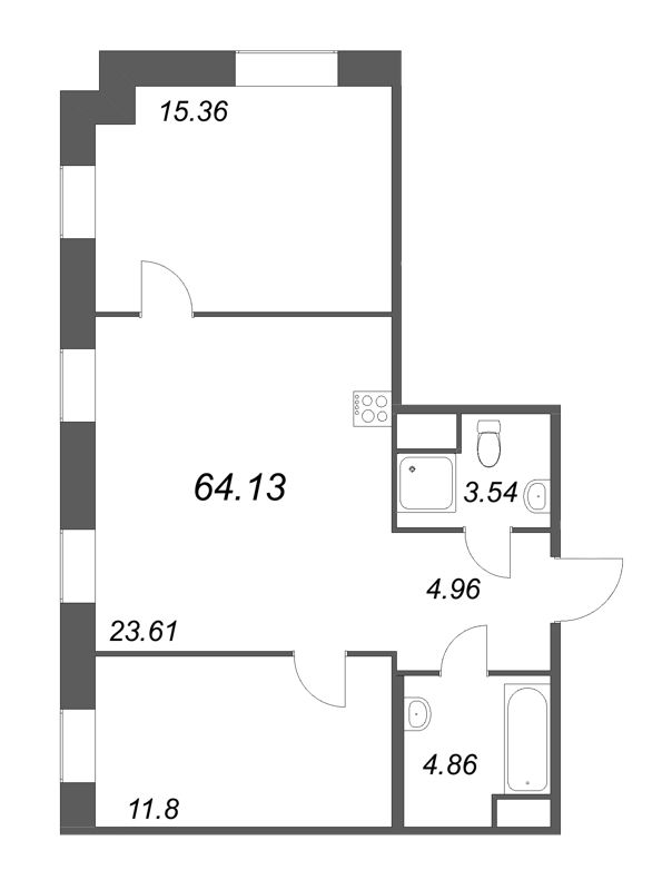 3-комнатная (Евро) квартира, 64.13 м² - планировка, фото №1