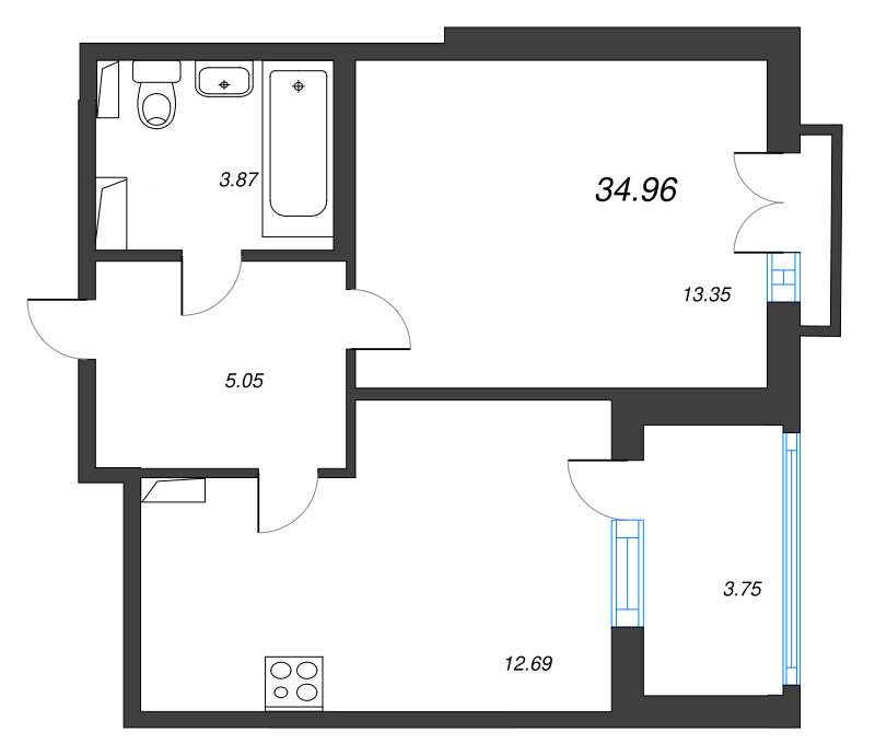 1-комнатная квартира, 34.96 м² в ЖК "Любоград" - планировка, фото №1