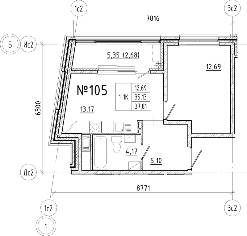 1-комнатная квартира, 37.81 м² в ЖК "N8" - планировка, фото №1