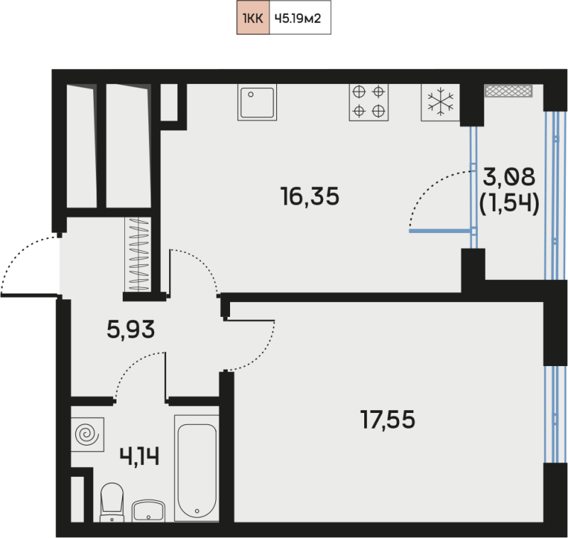 2-комнатная (Евро) квартира, 45.19 м² - планировка, фото №1