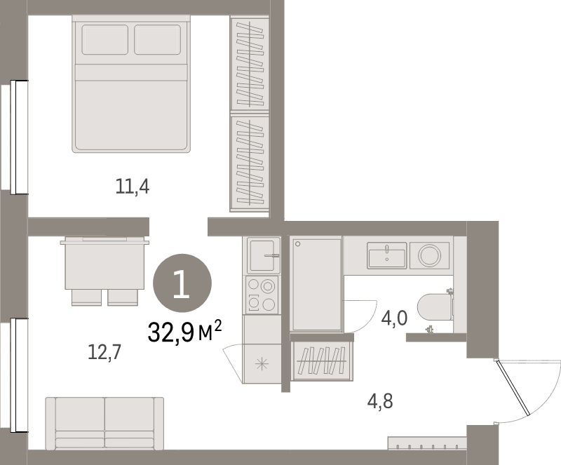1-комнатная квартира, 32.9 м² в ЖК "Северный ветер" - планировка, фото №1