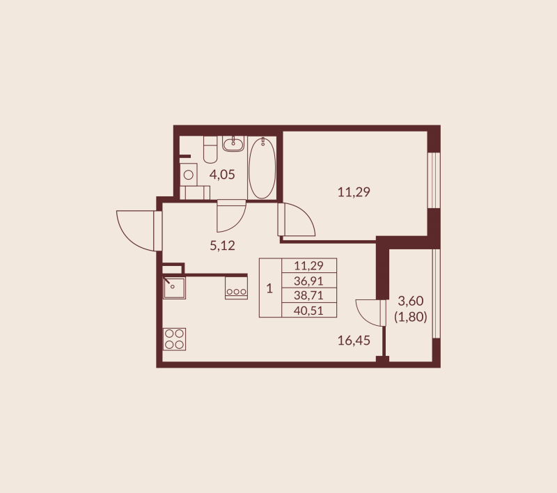 2-комнатная (Евро) квартира, 38.71 м² в ЖК "Амурино" - планировка, фото №1