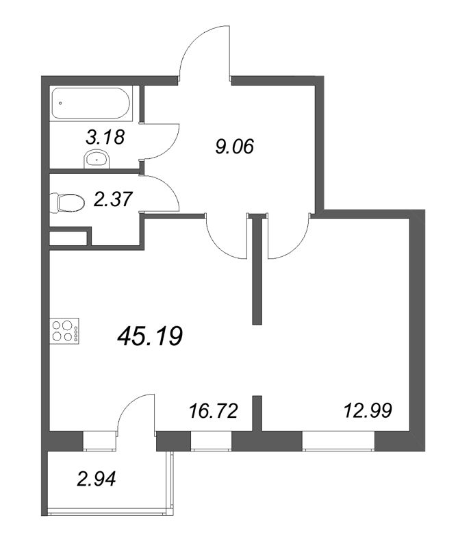 2-комнатная (Евро) квартира, 45.19 м² в ЖК "Новая история" - планировка, фото №1