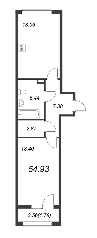 2-комнатная (Евро) квартира, 55.2 м² - планировка, фото №1