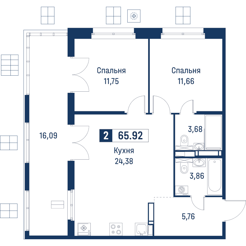 3-комнатная (Евро) квартира, 65.92 м² в ЖК "Символист" - планировка, фото №1