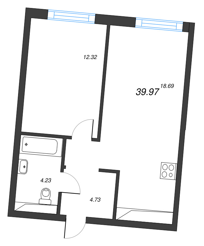 2-комнатная (Евро) квартира, 39.97 м² в ЖК "Legenda Васильевского" - планировка, фото №1