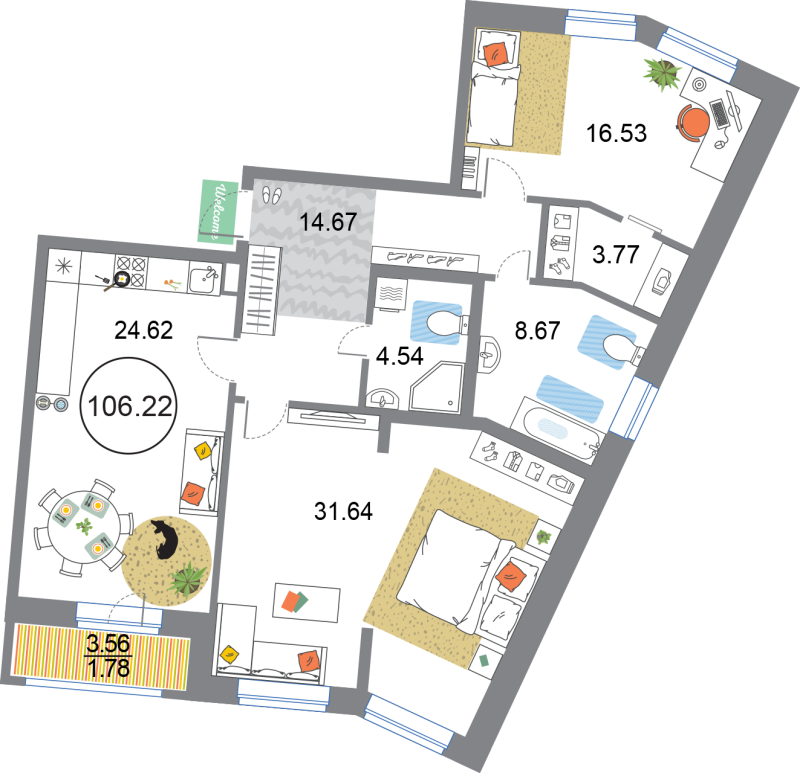 3-комнатная (Евро) квартира, 106.22 м² в ЖК "Modum" - планировка, фото №1
