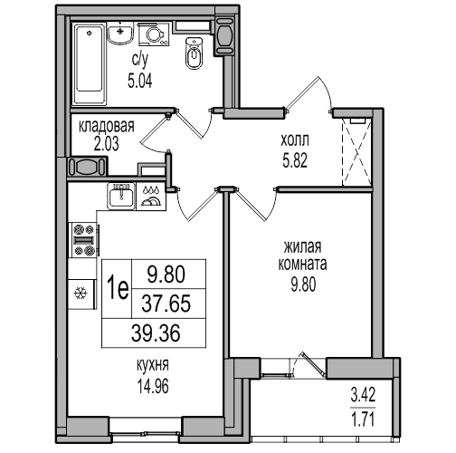 1-комнатная квартира, 39 м² в ЖК "Северная Долина" - планировка, фото №1