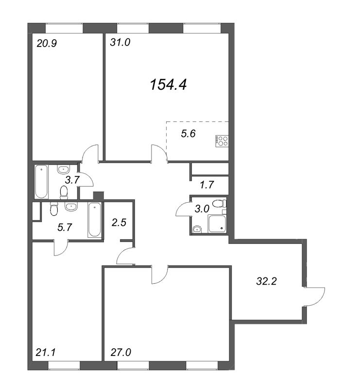 4-комнатная (Евро) квартира, 155.4 м² - планировка, фото №1