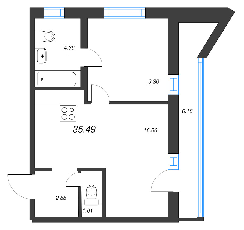 2-комнатная (Евро) квартира, 35.49 м² - планировка, фото №1