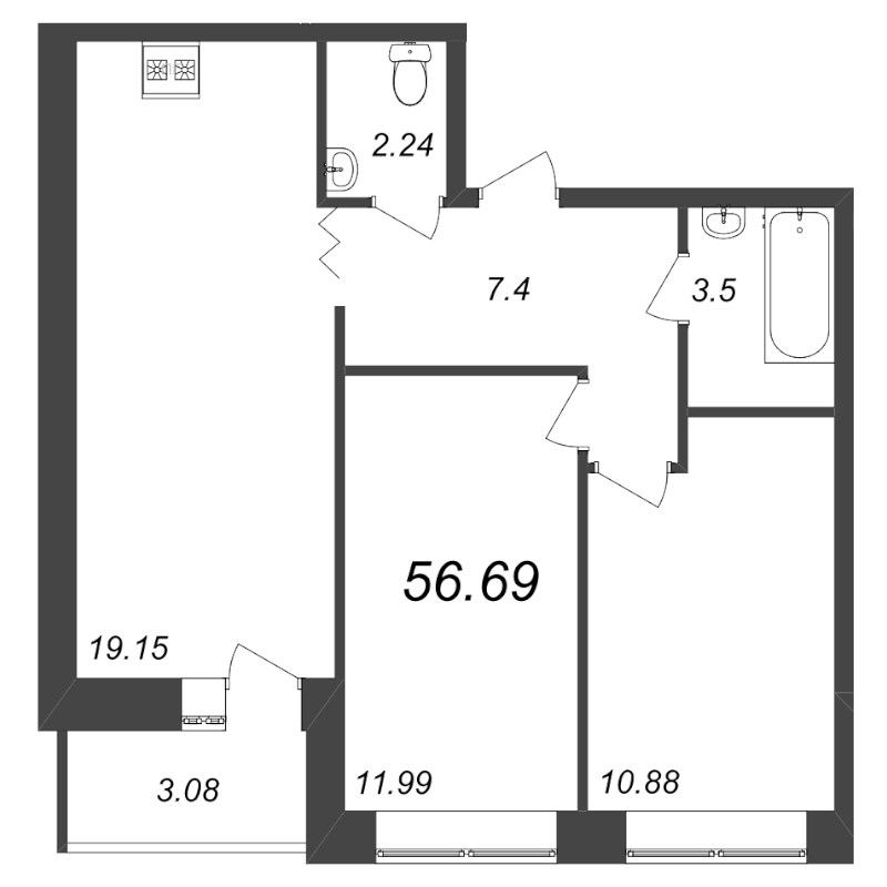 3-комнатная (Евро) квартира, 56.69 м² - планировка, фото №1