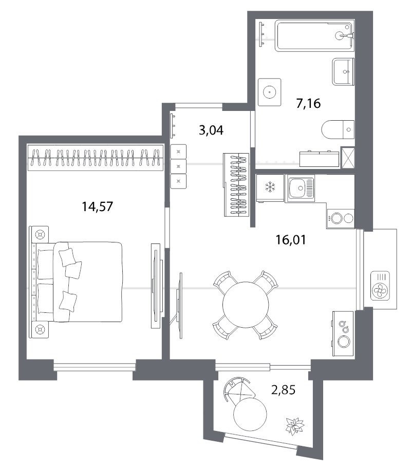 2-комнатная (Евро) квартира, 48.9 м² в ЖК "Респект" - планировка, фото №1