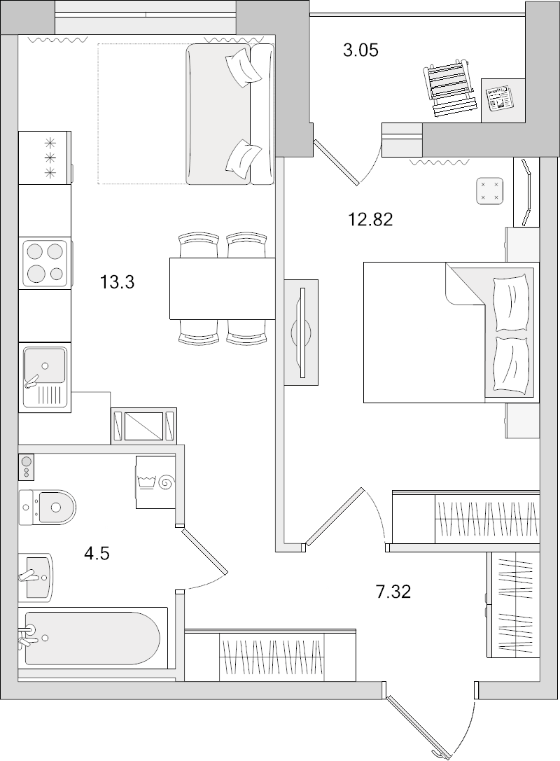 1-комнатная квартира, 37.94 м² - планировка, фото №1