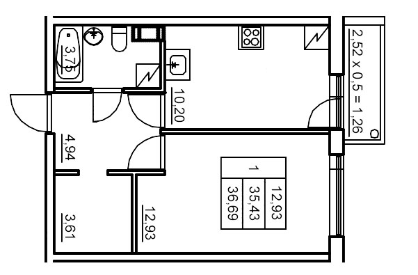1-комнатная квартира, 36.97 м² в ЖК "Панорама Юкки" - планировка, фото №1