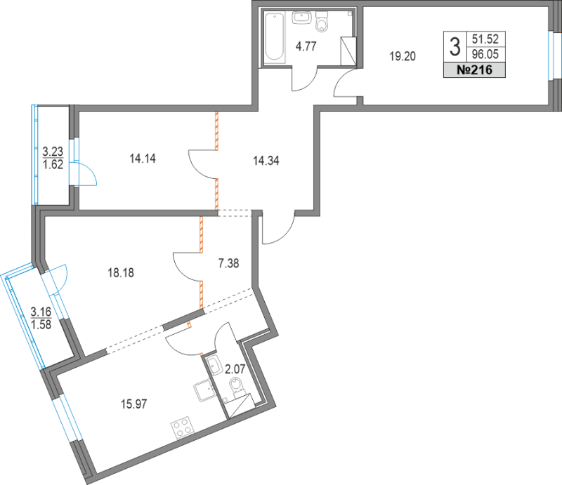 3-комнатная квартира, 95.8 м² в ЖК "Приморский квартал" - планировка, фото №1