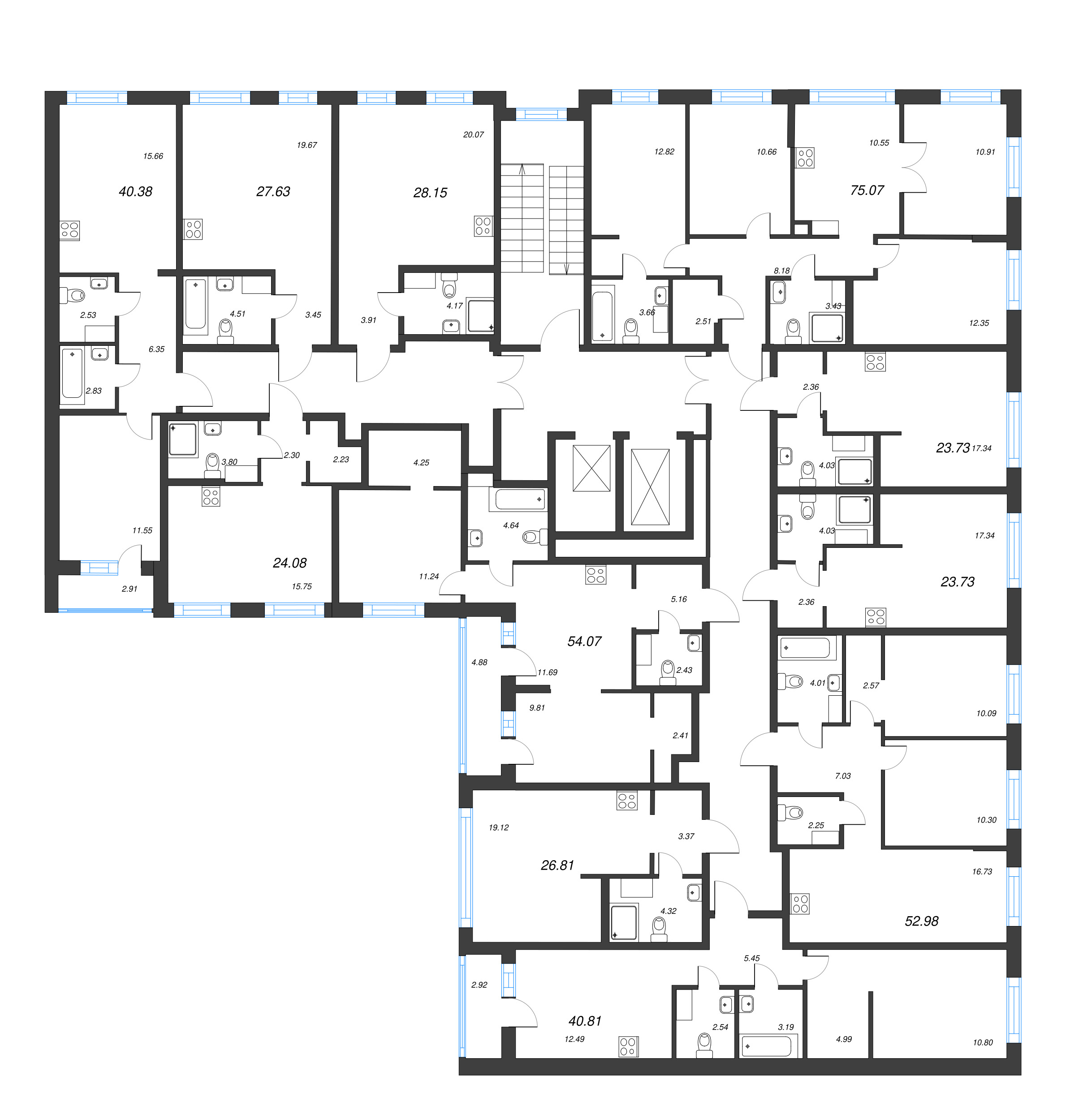 2-комнатная (Евро) квартира, 54.07 м² - планировка этажа