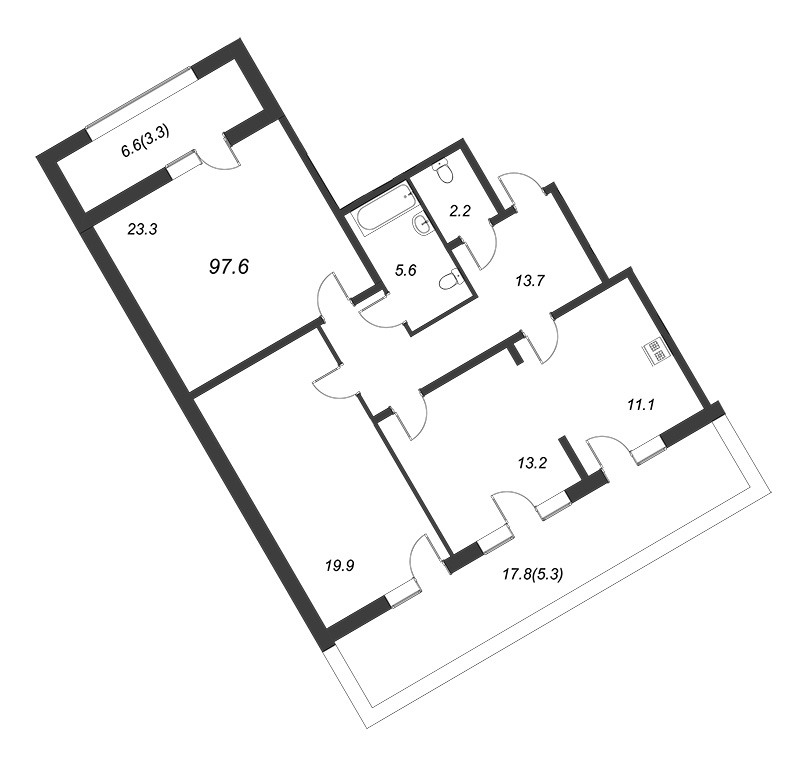 3-комнатная квартира, 98 м² - планировка, фото №1