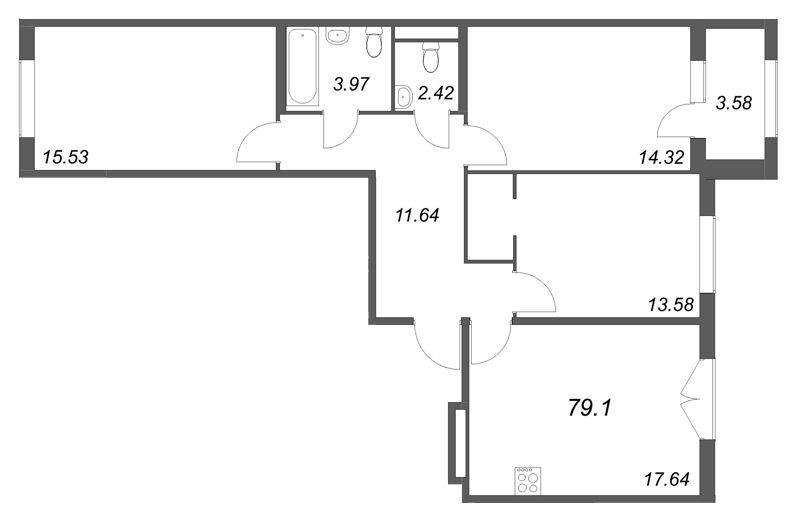 4-комнатная (Евро) квартира, 79.1 м² в ЖК "Дубровский" - планировка, фото №1