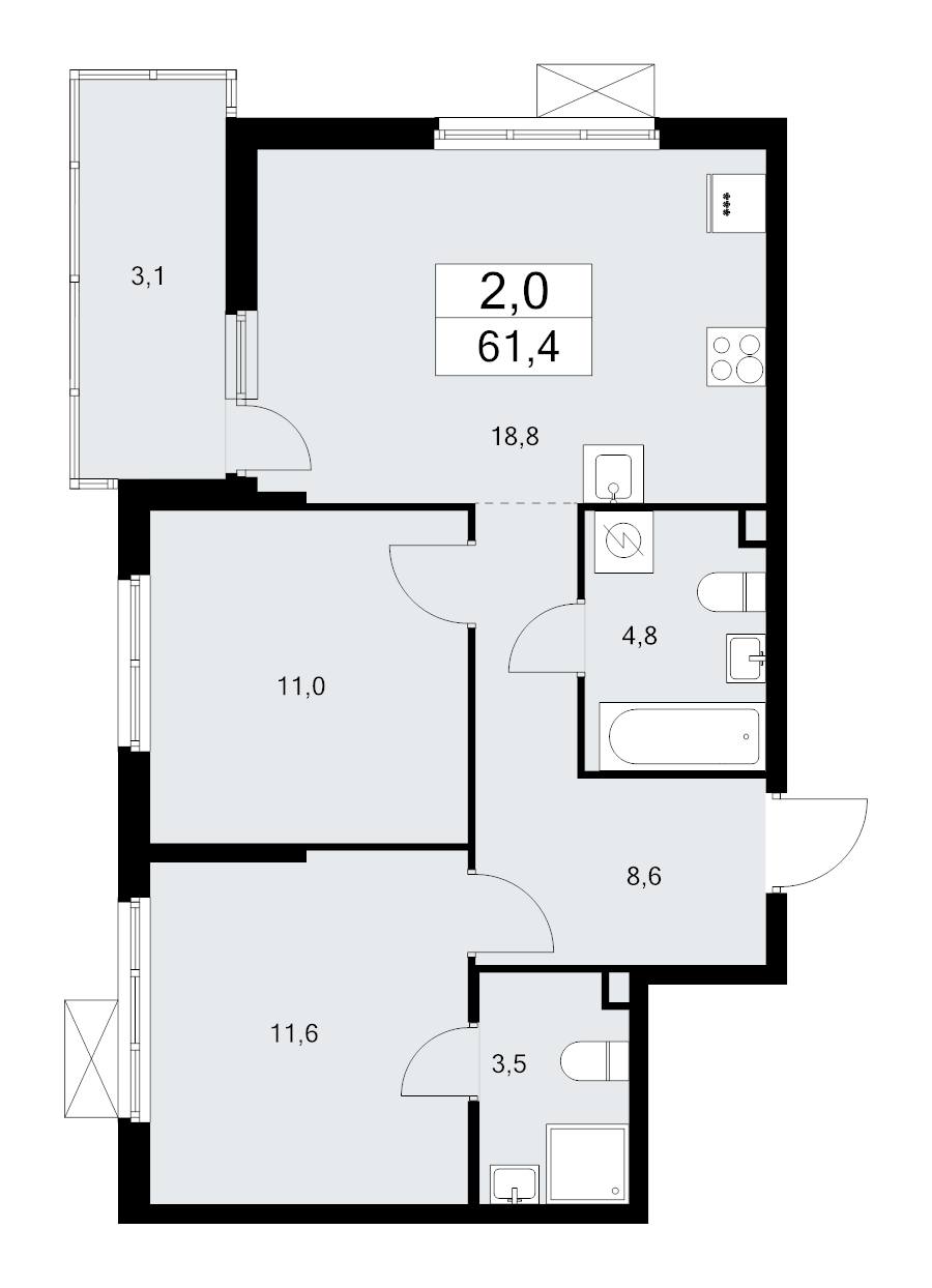 3-комнатная (Евро) квартира, 61.4 м² - планировка, фото №1