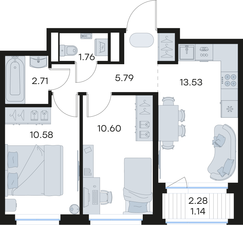 2-комнатная квартира, 46.11 м² - планировка, фото №1