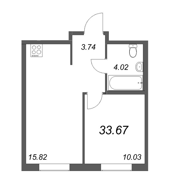 2-комнатная (Евро) квартира, 33.67 м² - планировка, фото №1