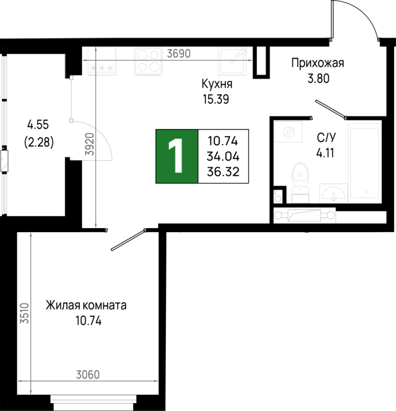2-комнатная (Евро) квартира, 36.32 м² в ЖК "Имена" - планировка, фото №1