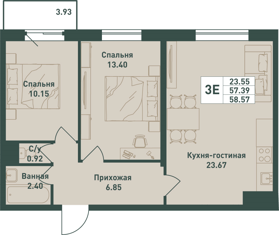 2-комнатная квартира, 58.57 м² в ЖК "Тандем" - планировка, фото №1