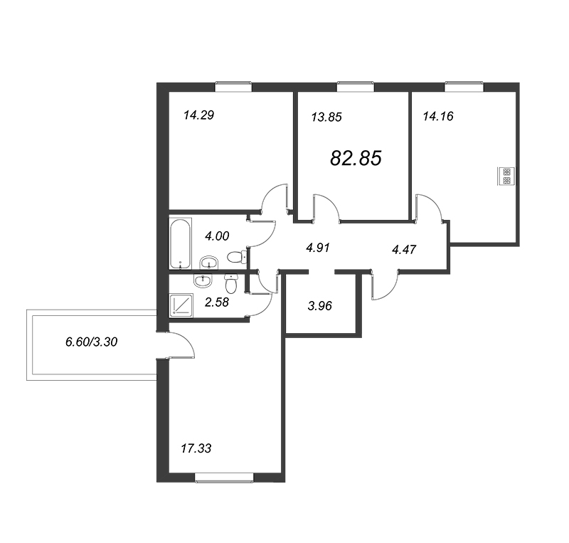 3-комнатная квартира, 79.55 м² в ЖК "Юттери" - планировка, фото №1
