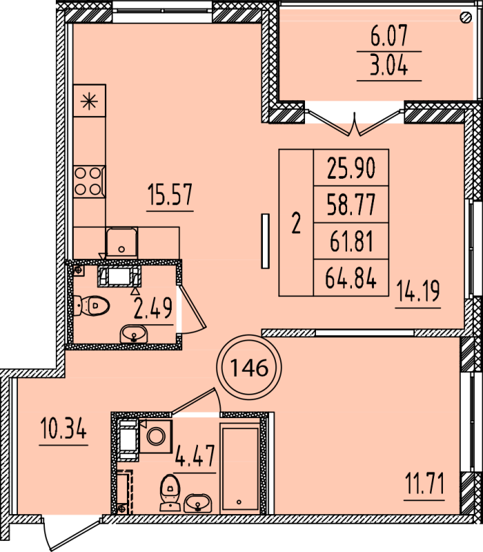3-комнатная (Евро) квартира, 58.77 м² - планировка, фото №1