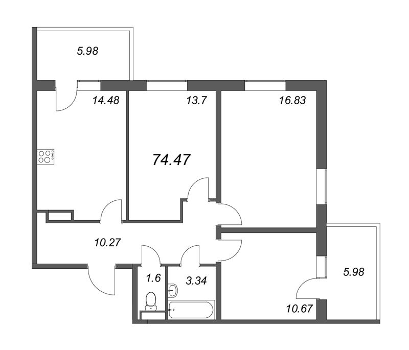 3-комнатная квартира, 70.89 м² в ЖК "Юттери" - планировка, фото №1