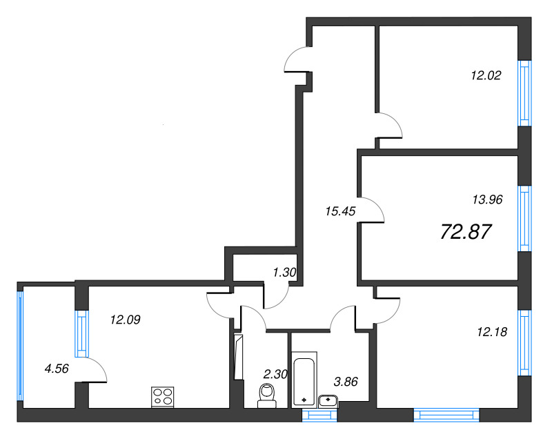 3-комнатная квартира, 72.87 м² в ЖК "ЮгТаун" - планировка, фото №1
