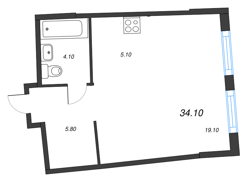 Квартира-студия, 34.1 м² в ЖК "Ягодное Река Парк" - планировка, фото №1