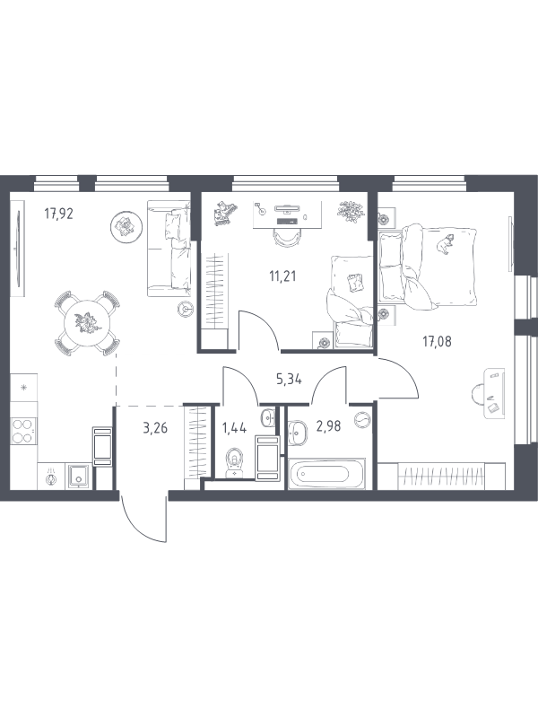 3-комнатная (Евро) квартира, 59.23 м² в ЖК "Новое Колпино" - планировка, фото №1