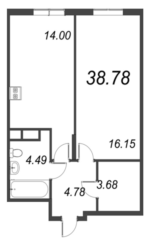 2-комнатная (Евро) квартира, 38.78 м² в ЖК "VEREN NORT сертолово" - планировка, фото №1