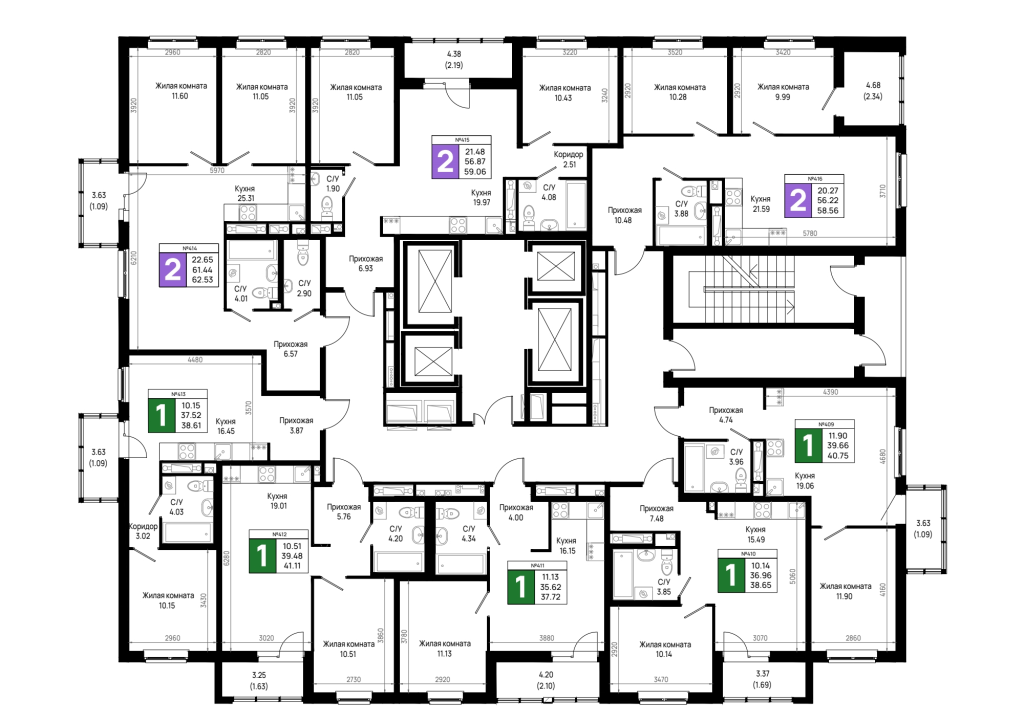 3-комнатная (Евро) квартира, 58.56 м² в ЖК "Имена" - планировка этажа