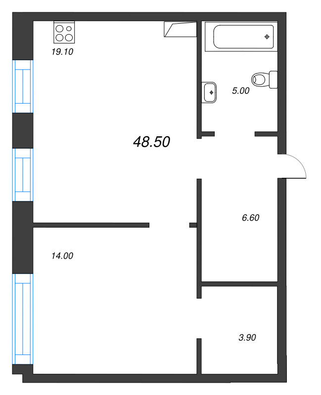 2-комнатная (Евро) квартира, 48.5 м² в ЖК "ЛДМ" - планировка, фото №1