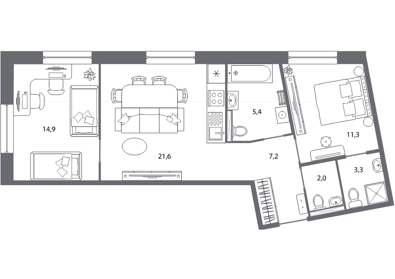 3-комнатная (Евро) квартира, 65.7 м² - планировка, фото №1