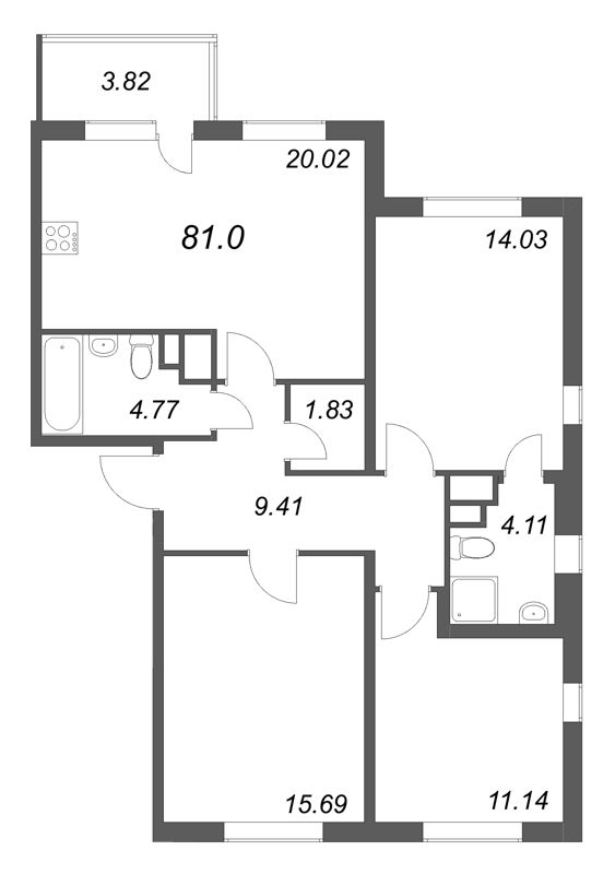 3-комнатная квартира, 81 м² в ЖК "ЮгТаун" - планировка, фото №1