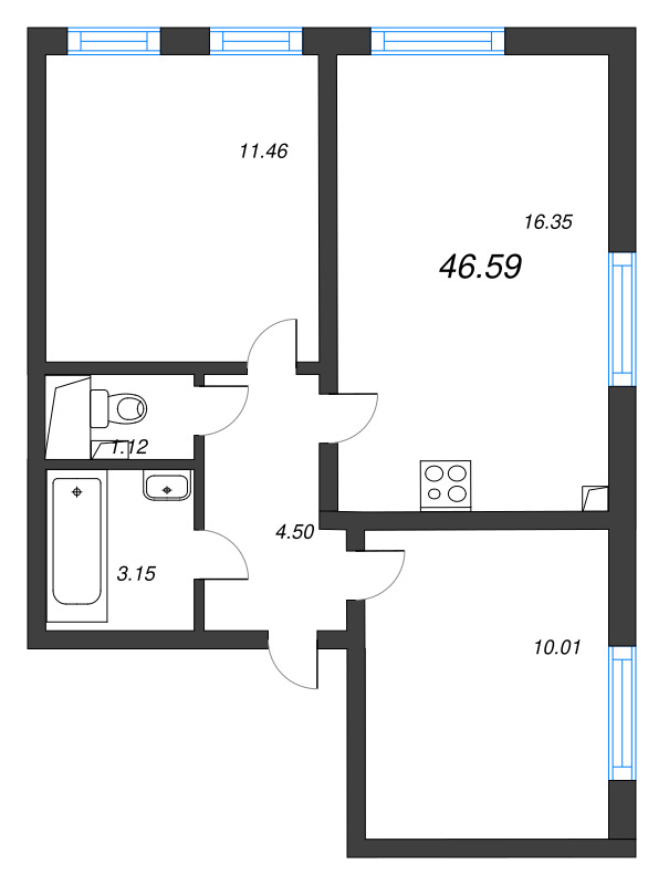 3-комнатная (Евро) квартира, 46.59 м² в ЖК "Морская миля" - планировка, фото №1