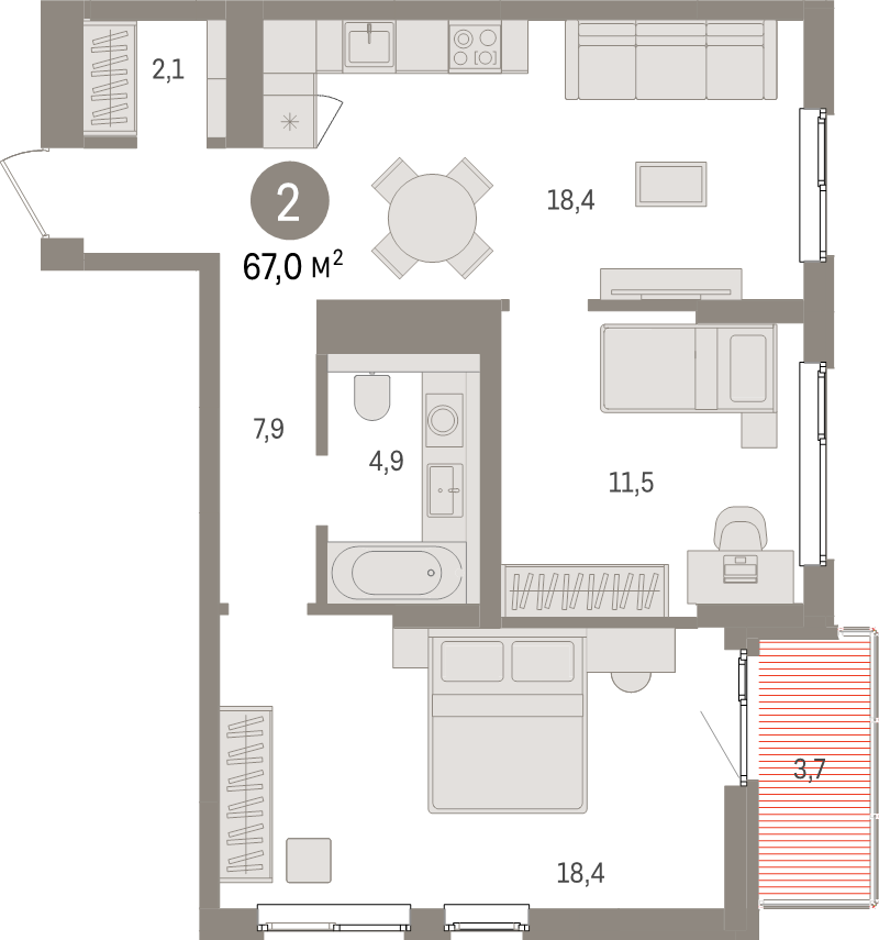 3-комнатная (Евро) квартира, 67 м² в ЖК "Брусника в Новоселье" - планировка, фото №1