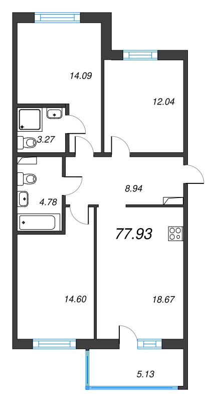 4-комнатная (Евро) квартира, 77.93 м² в ЖК "IQ Гатчина" - планировка, фото №1