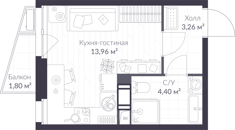 Квартира-студия, 22.16 м² в ЖК "VEREN NORT сертолово" - планировка, фото №1